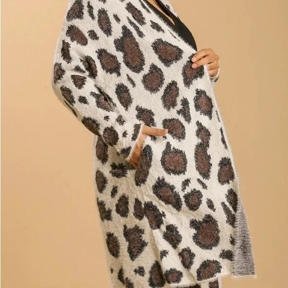 Umgee Fuzzy Eyelash Leopard Longline Open Front Cardi Cardigan Sweater - Picture 10 of 13